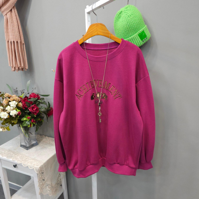 여성용 오버핏 라운드넥 곰돌이 자수 긴팔 맨투맨