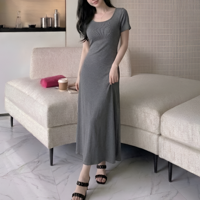쁘띠엘라 슬림핏 반팔 롱 원피스 A라인 데일리
