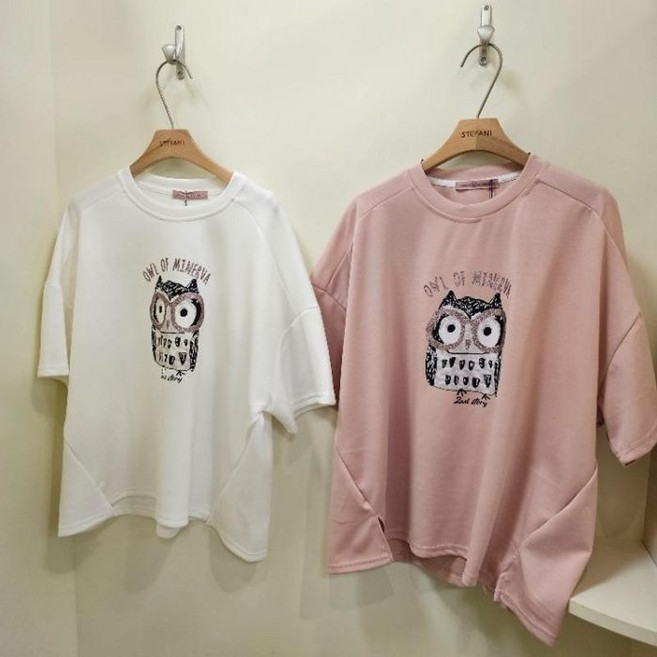 스테파니 HC07 부엉이 프린팅 사선밑단 트임 반발티셔즈 A25TS5223