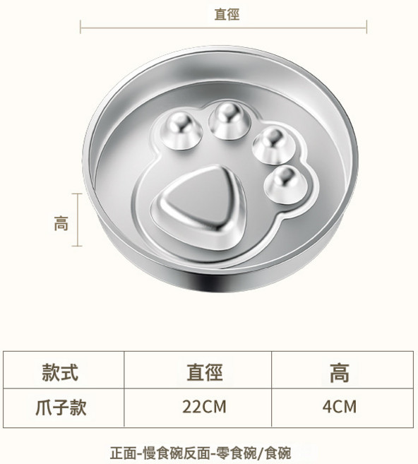 不鏽鋼慢食碗防滑防打翻狗碗狗狗貓咪餵食器寵物食盆狗盆, 1個, 201爪子款(送防滑貼):本色, 1L