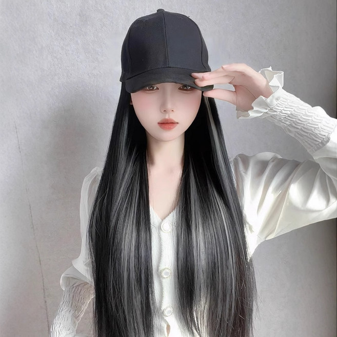 假髮帽 漁夫帽 女生一體假髮 化療帽 棒球帽+黑色挑白茶灰髮絲, 25.棒球帽+黑色挑白茶灰髮絲, 1個