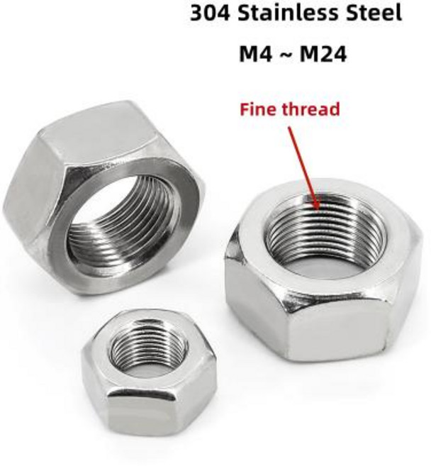 DIN934 파인 스레드 육각 너트 M4-M24 파인 피치 플랫 육각 잠금 너트 304 스테인리스 스틸 너트 피치 0.5mm 0.75mm 1.0mm 1.25mm 1.5mm 2.0m, 1개
