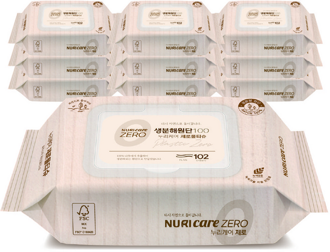 누리케어 플라스틱ZERO원단 생분해 아기물티슈 레이온100% 대용량 도톰한, 40g, 102매, 10개