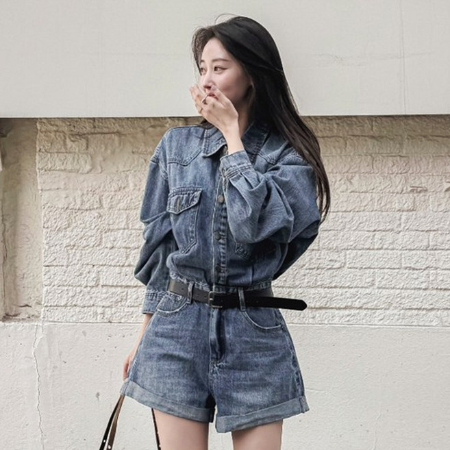 떳다그녀 켄트 데님 입체 절개 포켓 캐주얼 봄 간절기 코튼 탄탄한 숏 팬츠 실루엣 보정 청 점프수트