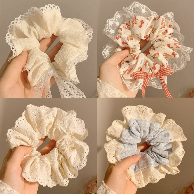 韓系溫柔蝴蝶結大腸髮圈, 1個, 【氣質馬尾發圈】MR奶白肌理紋蕾絲+紅色格紋蝴蝶結MR