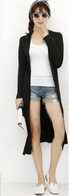 韓版長版莫代爾罩衫 薄外套 防曬 女生, 純黑