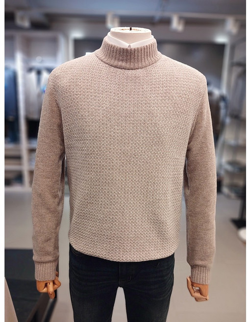 [바쏘옴므]A02NW4ZSW 25 F/W 베이지 울 혼방 와플 모크넥 반폴라 니트 (쏘)