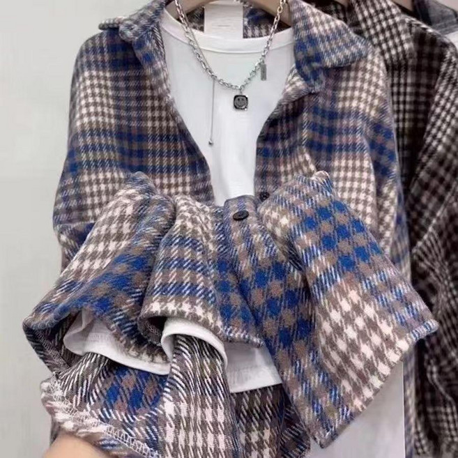 磨毛加厚毛呢格子襯衫女寬鬆中長款秋春季襯衣外套潮