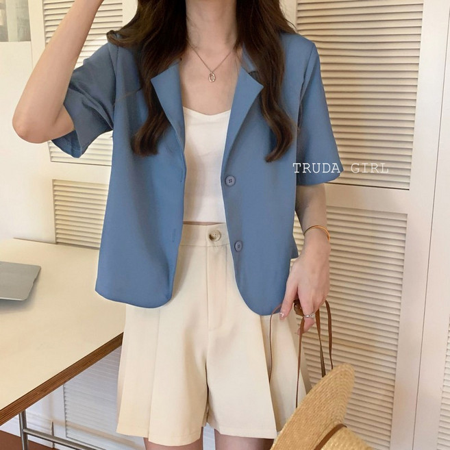 《杜達女孩》輕職感 挺版休閒兩釦短袖西裝外套 襯衫外套 OL 薄外套