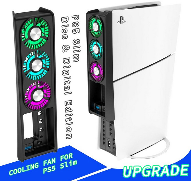 PS5 냉각 팬 7가지 색상 변경 LED 조명 자동 속도 9블레이드 조용한 USB 30 허브PlayStation 5 슬림광학 드라이브 에디션블랙과 호환되는 액세서리, Black