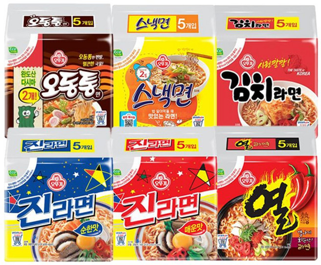 [오뚜기] 진라면 순한맛5입+매운맛5입+열라면5입+오동통면4입+스낵5입+김치라면4입 6종세트, 28개