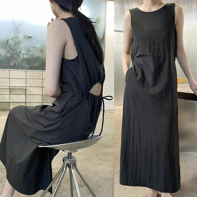 IBOY UGIRL XU0126C 여성 여름 슬림핏 린넨 허리끈 롱 원피스