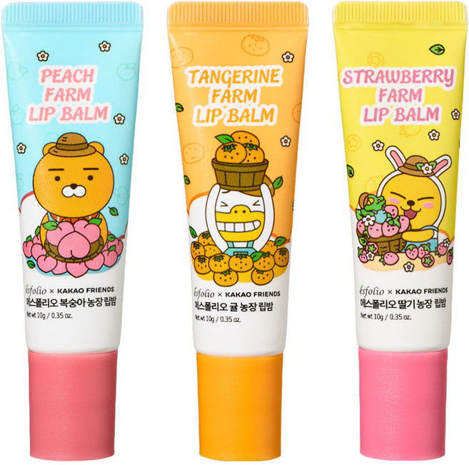카카오프렌즈X에스폴리오 농장 립밤 3종 SET(복숭아 딸기 귤)/라이언 무지 튜브, 3개, 10g, 피치/감귤/딸기