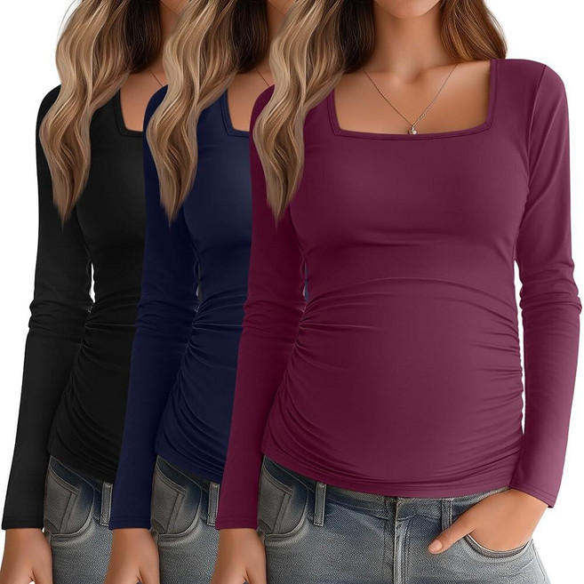 Baggyfly 3팩 여성용 임산부 셔츠 긴소매 사이드 주름 장식 임산부 상의 스퀘어넥 기본 튜닉 니트 엄마 의류 그레이 화이트 핑크 M, L, 블랙, 네이비 블루, 푸크시아
