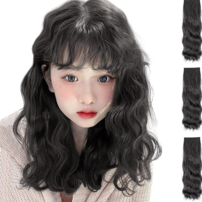 가발위드 붙임머리 단발 숏 히피 붙임머리 반아지오 3피스 세트, 1개, 네츄럴블랙35cm