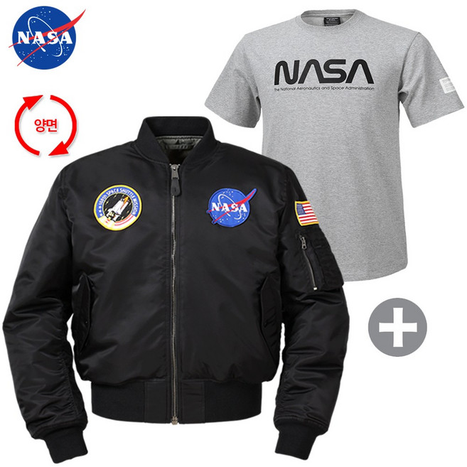 98 900 NASA 나사 남녀공용 양면 패딩항공점퍼+면 반팔티 N-851UBK+N-152UML 투웨이 MA-1 자켓 블루종 잠바 바람막이 아우터 오버핏 남자 여성 1+1 반팔티