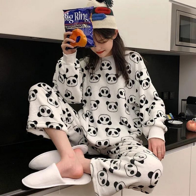 可愛珊瑚絨睡衣 女 秋冬加絨加厚長袖長褲家居服套裝