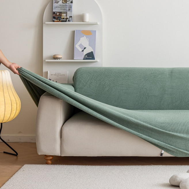 [먼지없는] 커버무드 스트라이프 소파 커버 + 자체제작 고정 스펀지, 1개, 말차 그린
