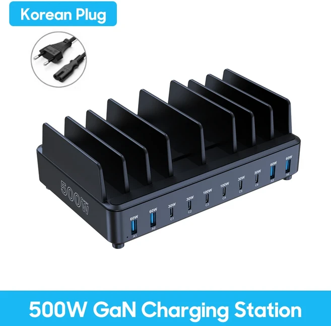 호환 500W USB C 충전기 10포트 GaN 스테이션 스탠드 PD 고속 (맥북 호환 프로 아이폰 호환 삼성 호환 노트, 06 Korean Plug