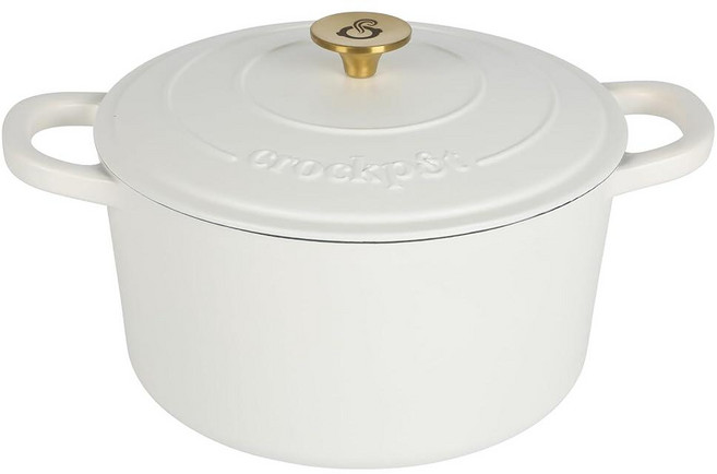Crock Pot Artisan 원형 에나멜 주철 더치 오븐 5쿼트 선셋 오렌지 260917, 7쿼트, 매트 리넨 화이트, 골드 손잡이