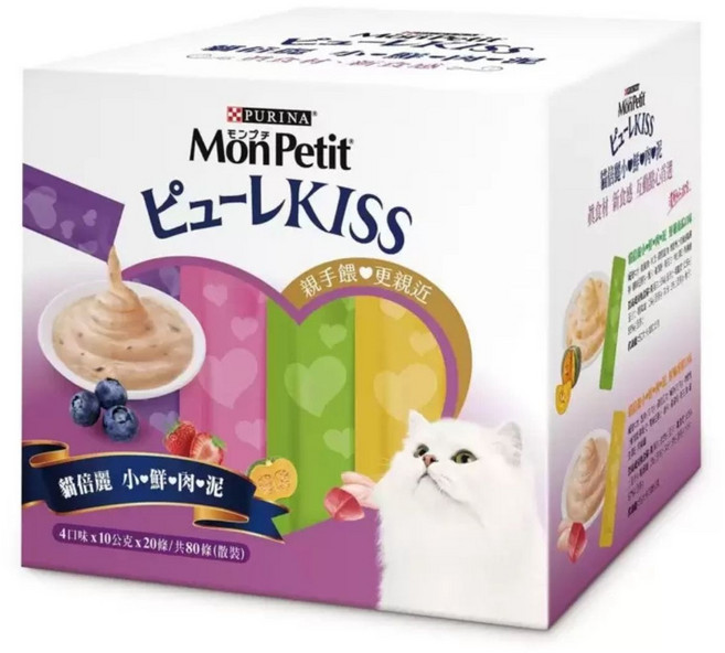 PURINA Mon Petit ピューレKISS 貓倍麗 小鮮肉泥 4口味 餵食互動點心, 10公克, 80, 雞胸肉、雞腿肉、雞肝