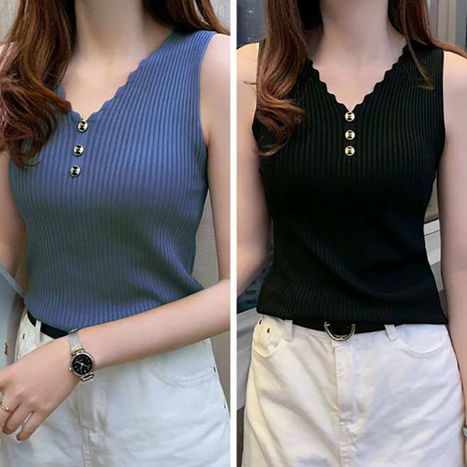 ROYALBELLE 2장묶음 여성 브이넥 골지 니트 레이온 슬림핏 베이직 이너 나시 K0031102