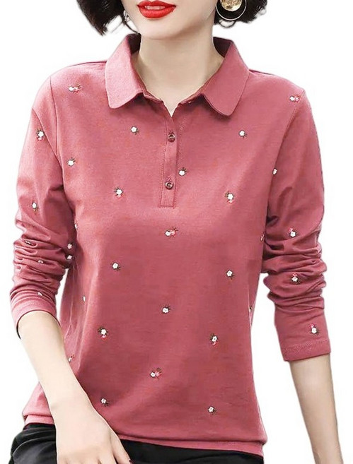 MA 여성용 카라 플라워 포인트 긴팔 티셔츠