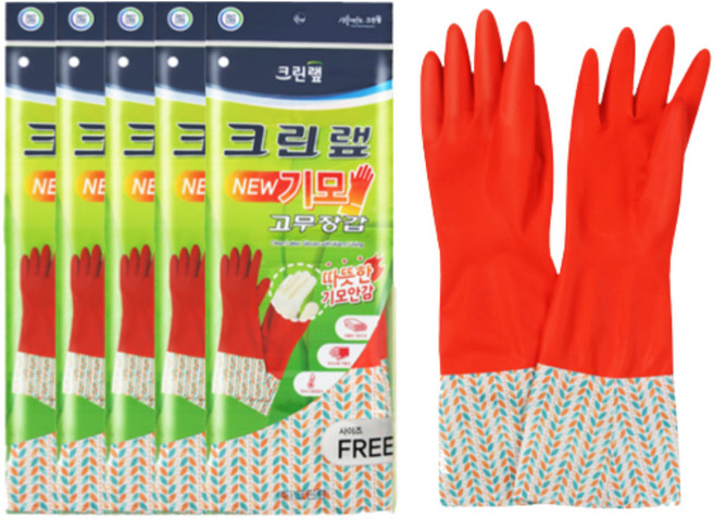 크린랩 기모 고무장갑 FREE 사이즈 빨강 (사은품증정 은사수세미 대형 1매), 5개