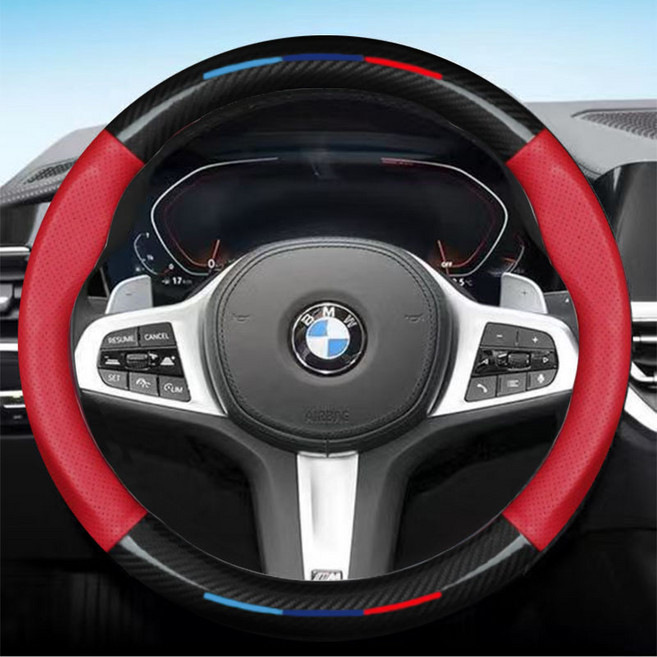 카엣지 자동차 타공 나파가죽 카본 핸들커버, 레드(B-06 Line)