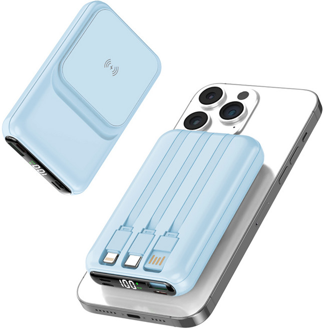 맥세이프 호환 보조배터리 대용량 20000mAh 15W무선+PD22.5W 고속충전 케이블 일체형 LCD잔량표시, 블루, 1개, W010