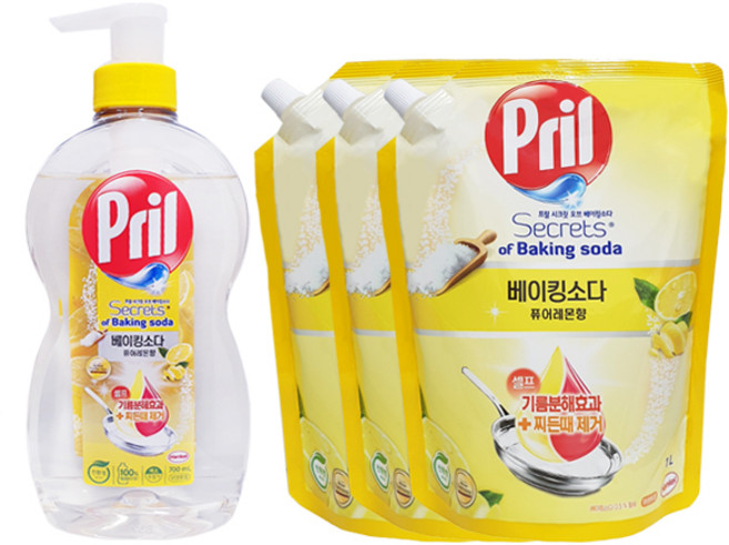 프릴 주방세제 베이킹소다 퓨어레몬 700ml + 리필 1000ml x3, 1개