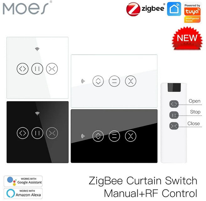 ZigBee RF 스마트 터치 커튼 스위치 롤러 블라인드 투야 앱 무선 제어 릴레이 알렉사 구글과 작동, 6.2 US and Remote
