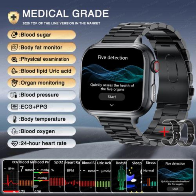 혈당워치 한국어 호환 학년 혈당 혈액 지질 요산 남성 Smartwatch 사파이어 스크린 BP 모니터 BT 통화 건강 스마트 시계, 9)Black Steel 2A