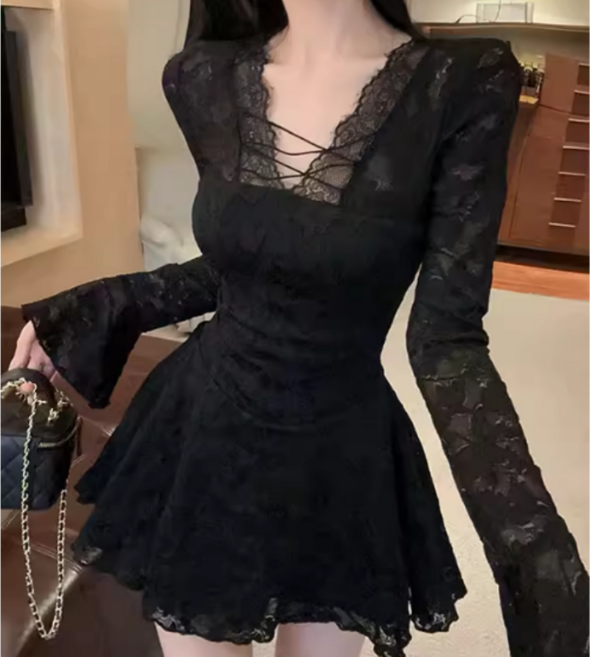 쌍천 여성 레이스 브이넥 허리꼬임 홀복 원피스 클럽원피스 A26012518