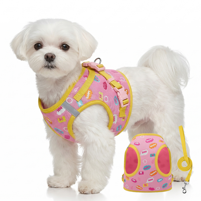 렛츠독 강아지 캔디팝 달콤 벨크로 메쉬 경량 하네스 리드줄 세트, 1개, 달콤핑크