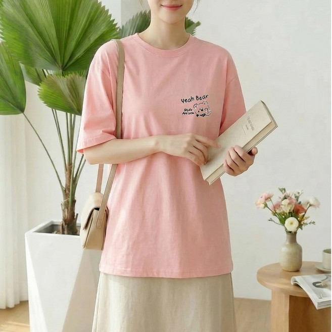 스타일아유 여성 곰돌이 프린팅 오버핏 반팔티 고중량 240g 컴팩트 면100% 레터링 라운드 루즈핏 티셔츠 면티 롱티셔츠 2026 여름신상 TS3952