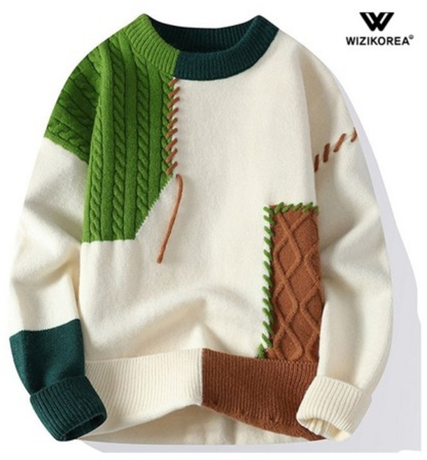 남성 꽈배기 배색 니트 스웨터 가을 겨울 유니크 패치워크 라운드넥 WI014N