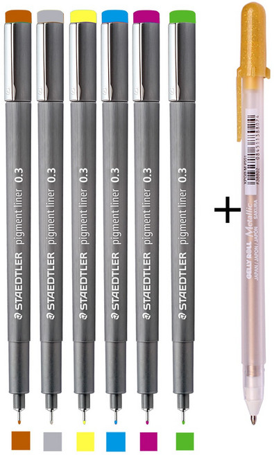 스테들러 피그먼트라이너 308 캘리그라피 드로잉펜 어반스케치 제도용펜, 0.3파스텔혼합×6개