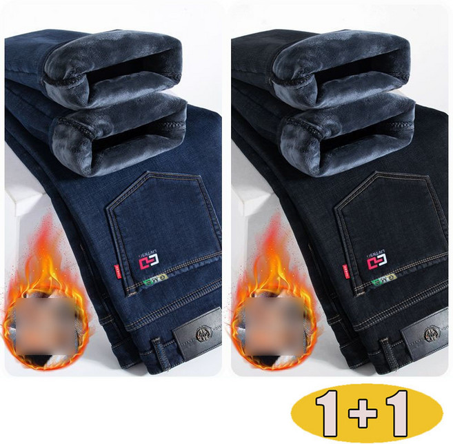 1+1 남성 캐주얼 기모 일자핏 청바지 도톰한 편안한 스판 데님팬츠 겨울바지