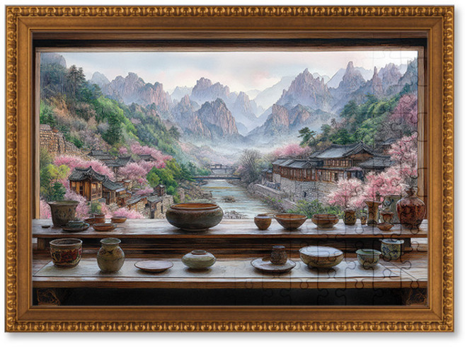 평화로운 산촌 풍경 (미니) 직소 퍼즐+액자 세트 2000피스, 1개, 댄디월넛