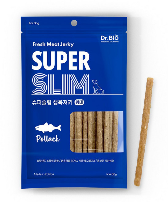 닥터바이오펫 슈퍼슬림 생육져키 강아지 육포스틱 간식 4종, 1개, 60g, 황태