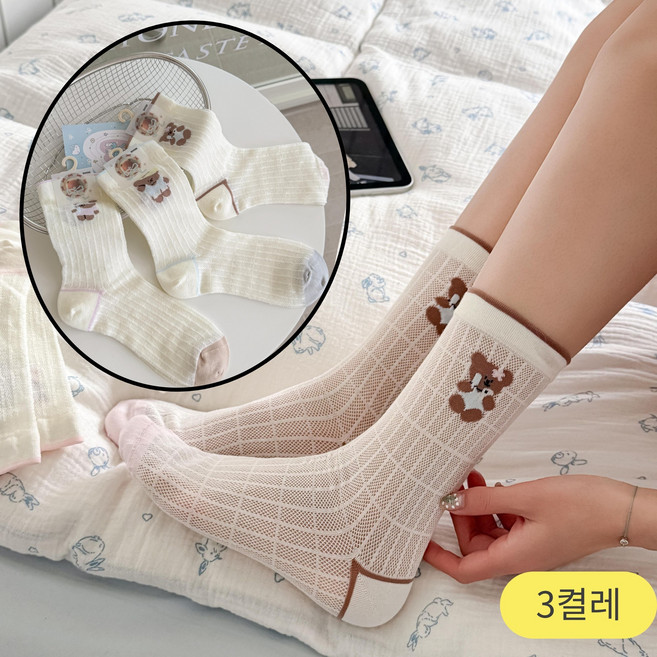 스위트나나 여성 귀여운 곰돌이 시리즈 시스루 패션양말 3켤레 세트