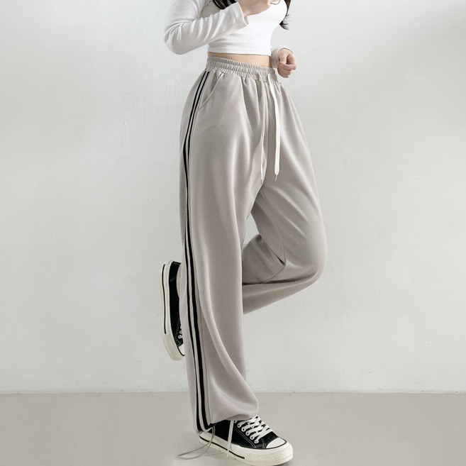 제이앤썸 사이드 라인 옆줄 와이드 트레이닝 팬츠 밑단 스트링 조거 일자핏 키작녀 두줄