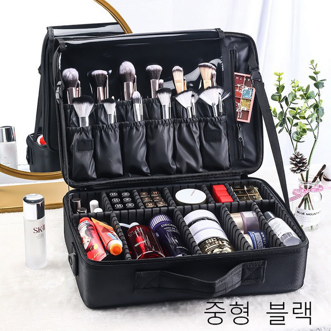 Sorpci 대형 메이크업박스 칸막이 조절 화장품 정리함 여행 출장용 메이크업 가방, 1개, 중형 블랙