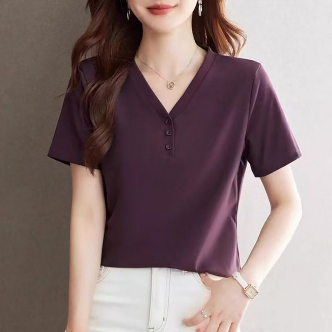ROYALBELLE 여성 순색 브이넥 단추 루즈핏 데일리 반팔 티셔츠