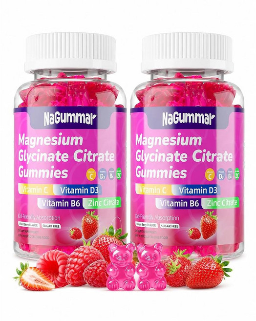 마그네슘 글리시네이트 구미 400mg 수면 지원 및 시트레이트 복합체 스트레스, Raspberry, 120 Capsules (2 bottles sets)