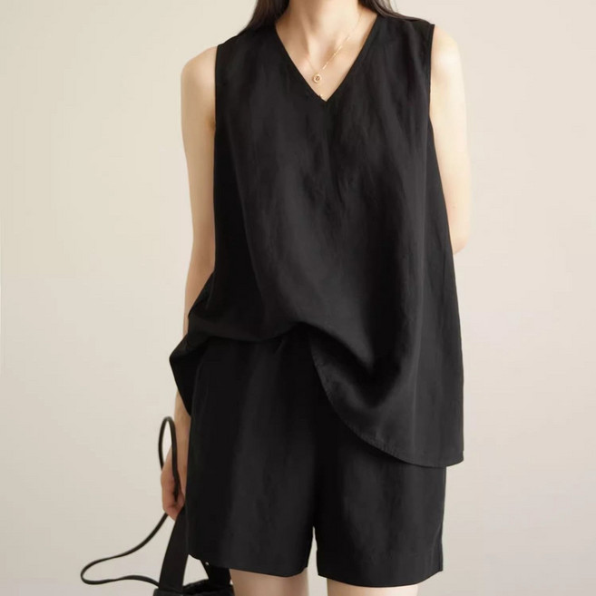 모몰라티 여성 브이넥 단색 민소매 면마 빅사이즈 투피스 패션 캐주얼 세트