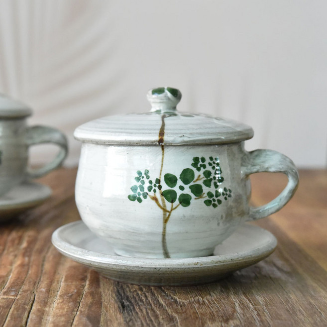 국내산 분청 나무 뚜껑 쌍화찻잔 전통찻잔 300ml, 초록나무, 1개