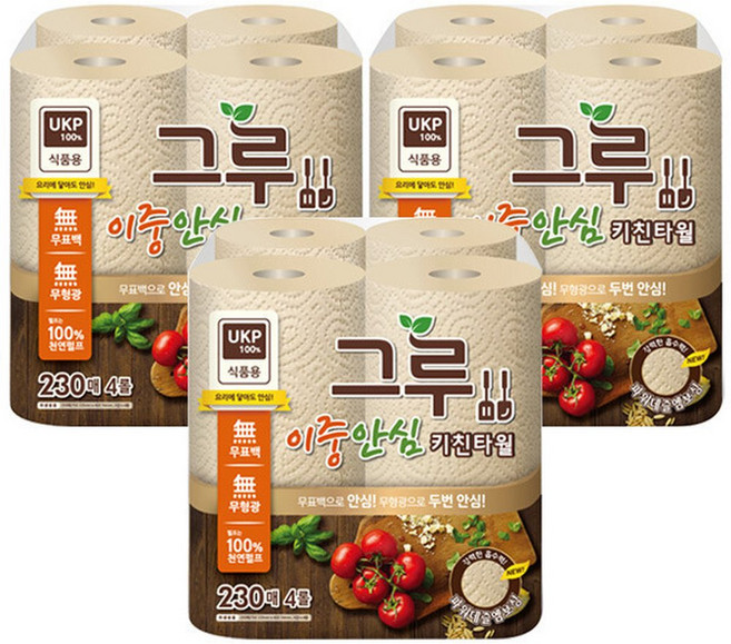 그루 무표백 키친타월 230매 4롤X3팩 /식품용, 3박스