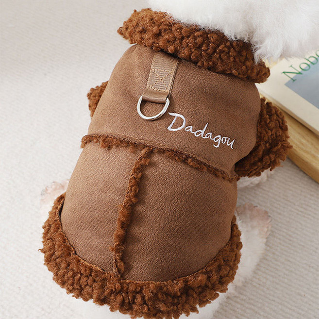 강아지 겨울 옷 무스탕 패딩 아우터 하네스 중소형 애견 명품 옷, 브라운, 1개